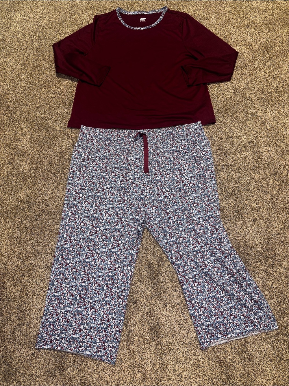 Lands' End Women's Pajama Set - Burgundy Top & Floral Pants XXL